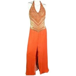 Scala formal Dress Size Large Long Silk Beaded Orange sexy slide slit